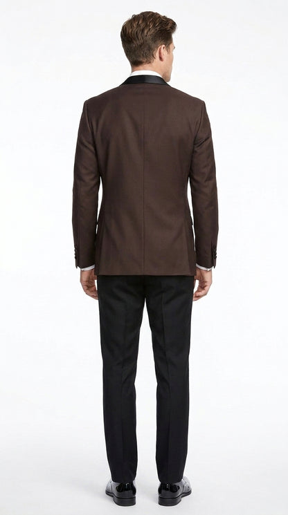 Mens Brown Dinner Jacket with Black Pants – Satin Lapel Tuxedo Suit for Weddings & Formal Events