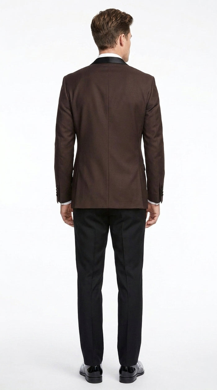 Mens Brown Dinner Jacket with Black Pants – Satin Lapel Tuxedo Suit for Weddings & Formal Events