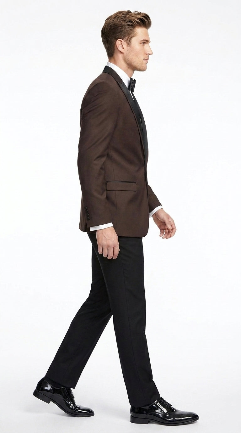 Mens Brown Dinner Jacket with Black Pants – Satin Lapel Tuxedo Suit for Weddings & Formal Events