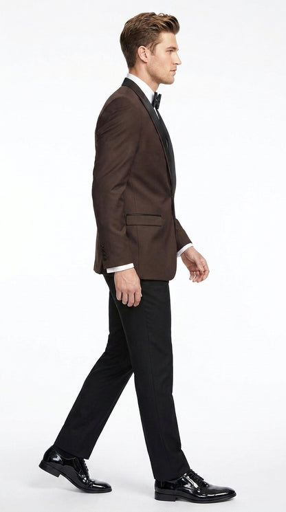 Mens Brown Dinner Jacket with Black Pants – Satin Lapel Tuxedo Suit for Weddings & Formal Events