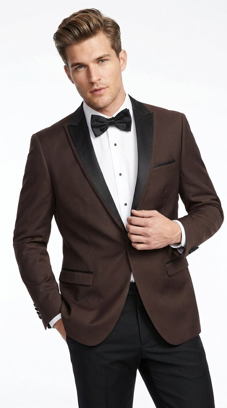 Mens Brown Dinner Jacket with Black Pants – Satin Lapel Tuxedo Suit for Weddings & Formal Events