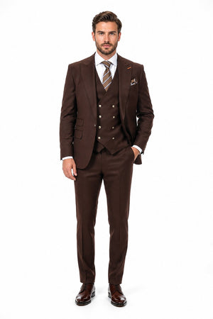Men's Brown Statement Ticket Pocket Peak Lapel Wool Double Breasted Vest Suit with Silver Buttons – Modern Fit