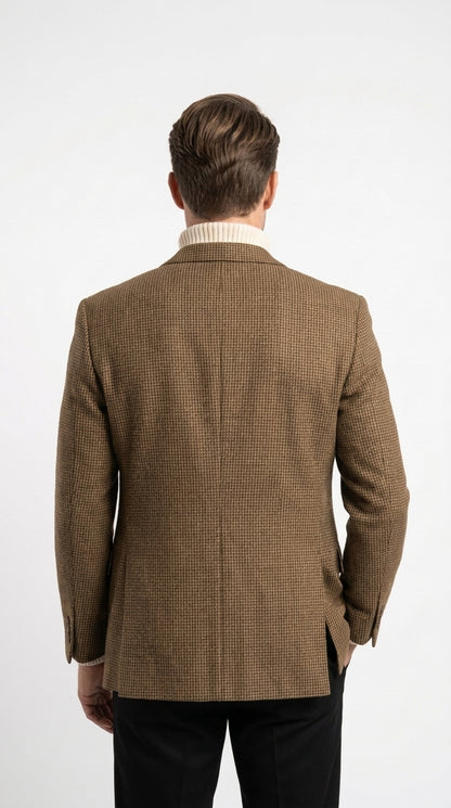 Mens Brown Houndstooth Blazer – Classic British Style 2 Button Checkered Texture Sport Coat for Fall, Winter Khaki Tan