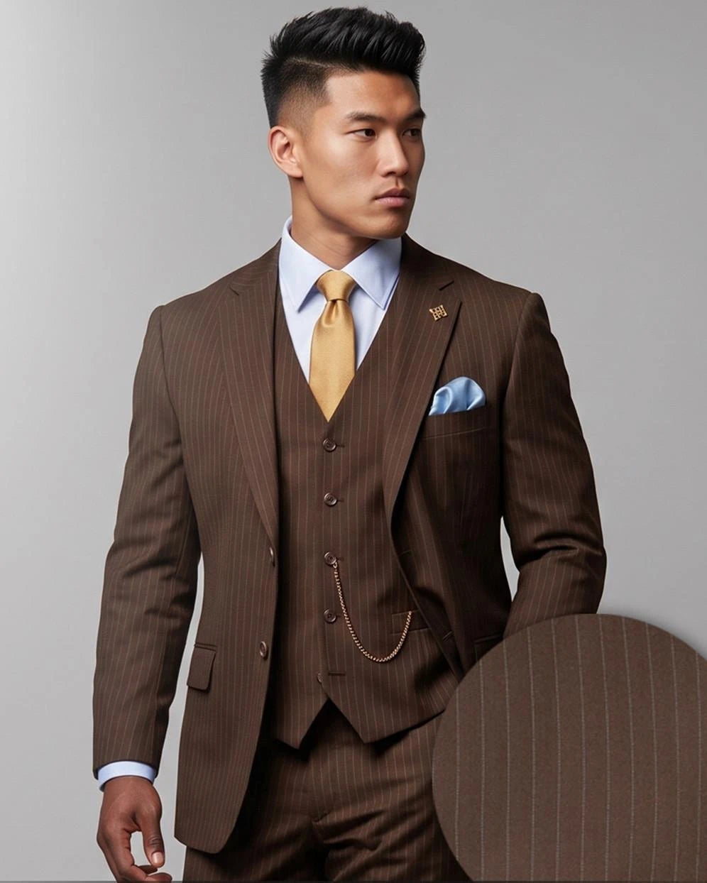 Mens Brown Pinstripe 3 Piece Suit Regular Fit Vinci V2RS-7