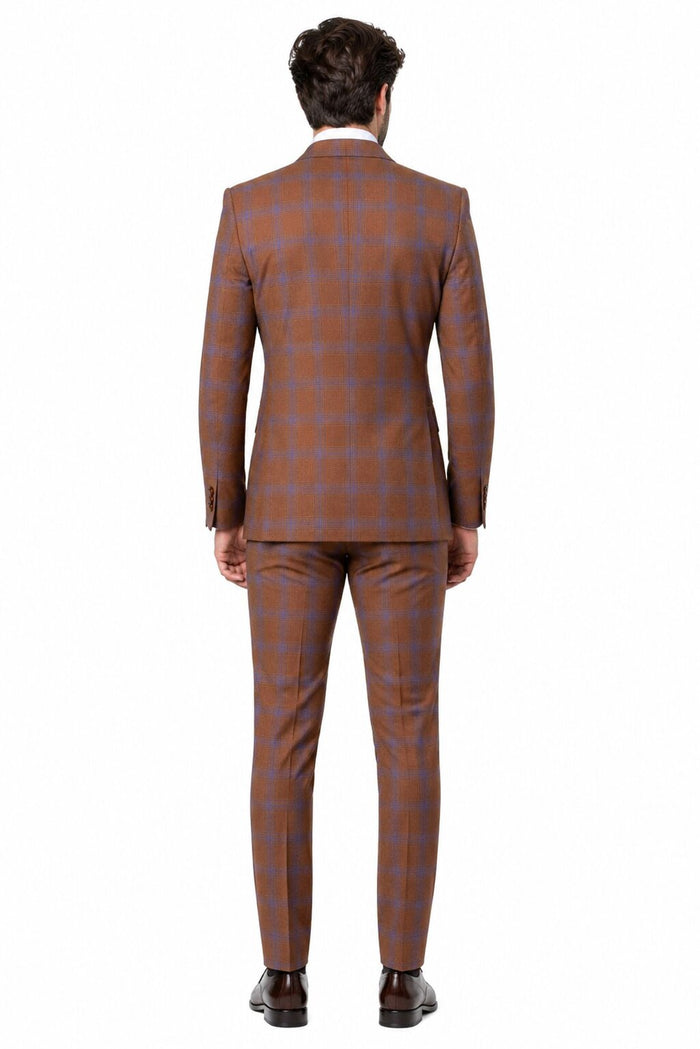 Men’s Brown Plaid Double-Breasted Suit – Premium 2-Piece Classic Checkered Windowpane Suit by Rossiman