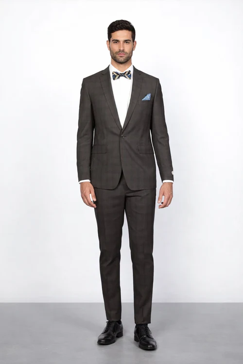 Men's Rossiman Rossi Man Brand Plaid Tapered Leg Lower Rise Pants & Get Skinny Brown 1 Button Slim Fit Peak Lapel Suit