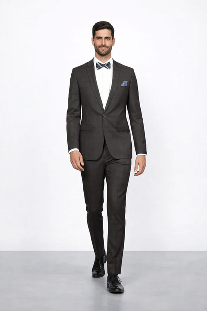 Men's Rossiman Rossi Man Brand Plaid Tapered Leg Lower Rise Pants & Get Skinny Brown 1 Button Slim Fit Peak Lapel Suit