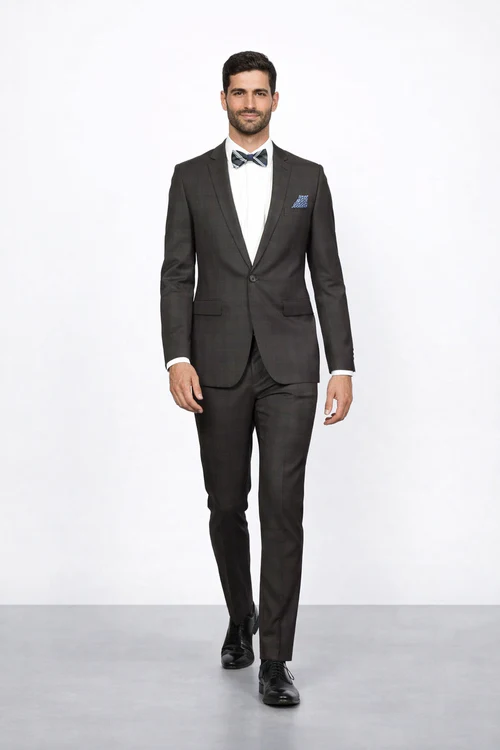 Men's Rossiman Rossi Man Brand Plaid Tapered Leg Lower Rise Pants & Get Skinny Brown 1 Button Slim Fit Peak Lapel Suit