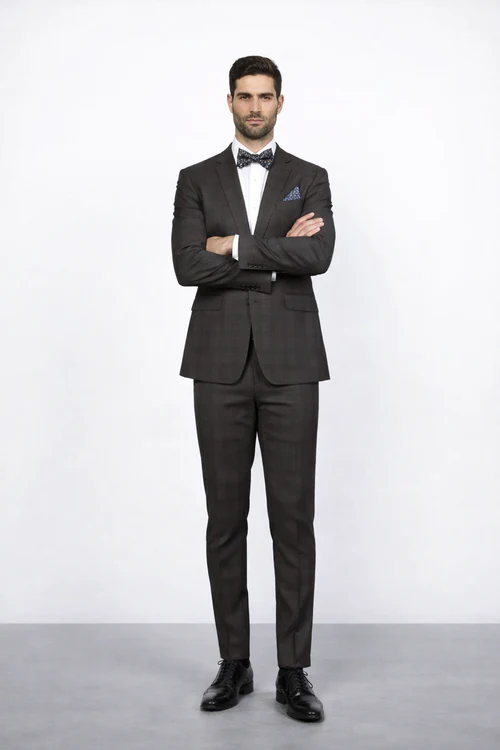 Men's Rossiman Rossi Man Brand Plaid Tapered Leg Lower Rise Pants & Get Skinny Brown 1 Button Slim Fit Peak Lapel Suit