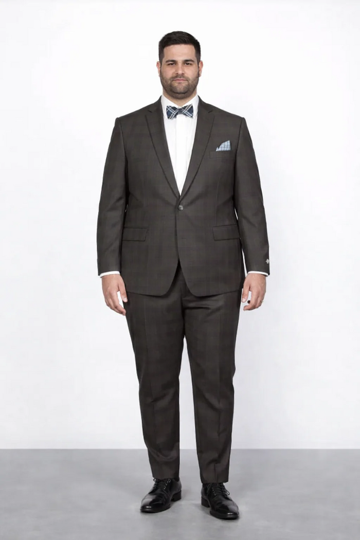 Men's Rossiman Rossi Man Brand Plaid Tapered Leg Lower Rise Pants & Get Skinny Brown 1 Button Slim Fit Peak Lapel Suit
