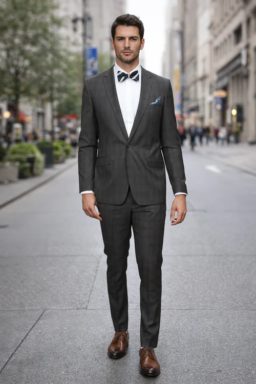Men's Rossiman Rossi Man Brand Plaid Tapered Leg Lower Rise Pants & Get Skinny Brown 1 Button Slim Fit Peak Lapel Suit