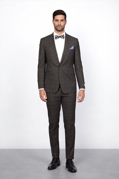 Men's Brown Plaid Slim Fit Suit by Rossiman Rossi ?? Peak Lapel Jacket & Tapered Pants