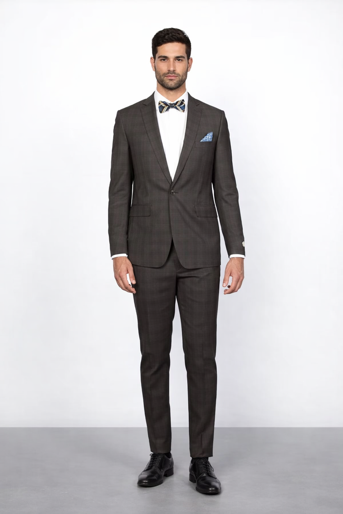Men's Brown Plaid Slim Fit Suit by Rossiman Rossi ?? Peak Lapel Jacket & Tapered Pants