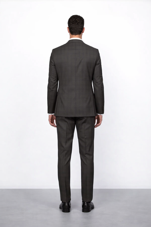 Men's Brown Plaid Slim Fit Suit by Rossiman Rossi ?? Peak Lapel Jacket & Tapered Pants