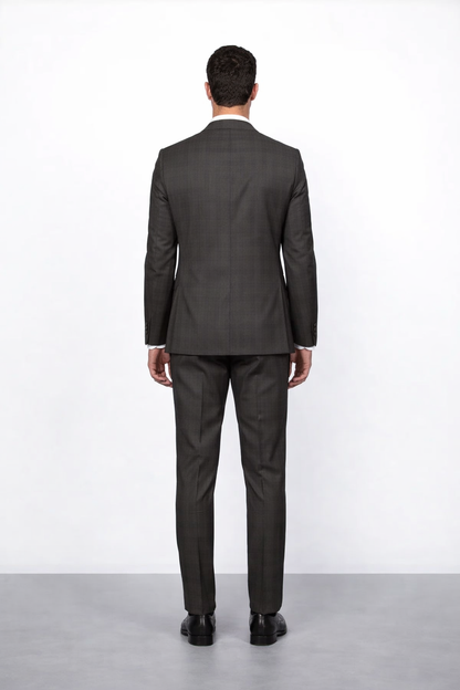 Men's Brown Plaid Slim Fit Suit by Rossiman Rossi ?? Peak Lapel Jacket & Tapered Pants