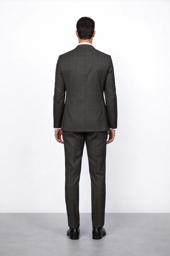 Men's Brown Plaid Slim Fit Suit by Rossiman Rossi ?? Peak Lapel Jacket & Tapered Pants