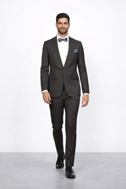 Men's Brown Plaid Slim Fit Suit by Rossiman Rossi ?? Peak Lapel Jacket & Tapered Pants