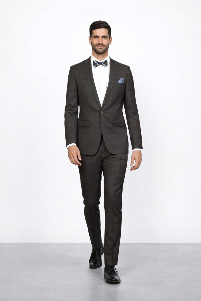 Men's Brown Plaid Slim Fit Suit by Rossiman Rossi ?? Peak Lapel Jacket & Tapered Pants
