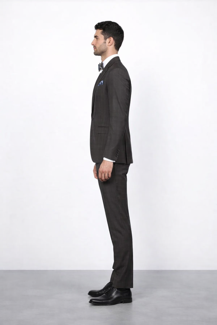 Men's Brown Plaid Slim Fit Suit by Rossiman Rossi ?? Peak Lapel Jacket & Tapered Pants
