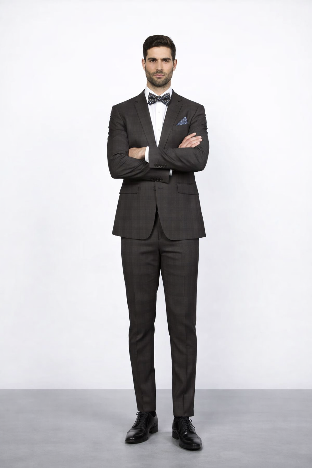 Men's Brown Plaid Slim Fit Suit by Rossiman Rossi ?? Peak Lapel Jacket & Tapered Pants