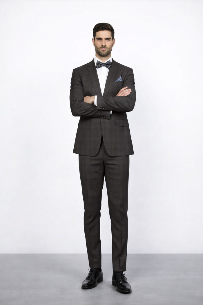 Men's Brown Plaid Slim Fit Suit by Rossiman Rossi ?? Peak Lapel Jacket & Tapered Pants