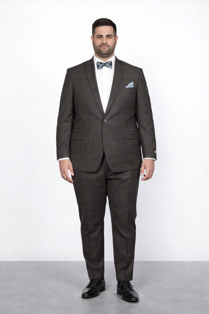Men's Brown Plaid Slim Fit Suit by Rossiman Rossi ?? Peak Lapel Jacket & Tapered Pants