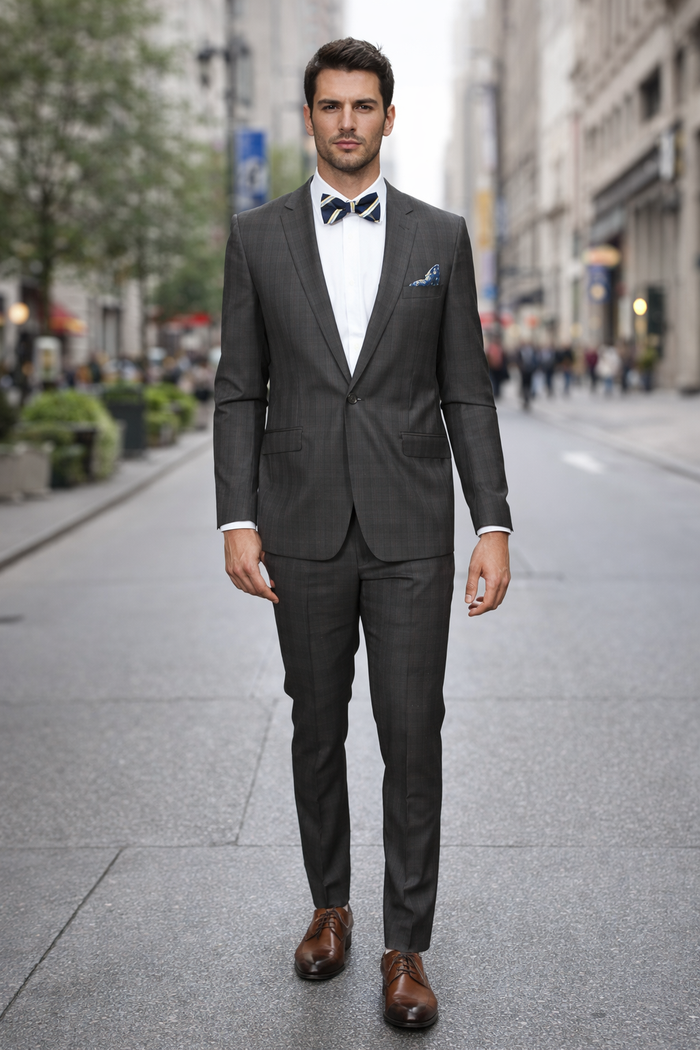 Men's Brown Plaid Slim Fit Suit by Rossiman Rossi ?? Peak Lapel Jacket & Tapered Pants