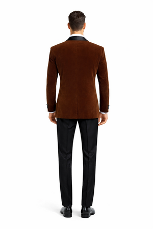 Mens Brown Velvet Tuxedo with Black Satin Shawl Lapel  One Button Formal Suit Jacket