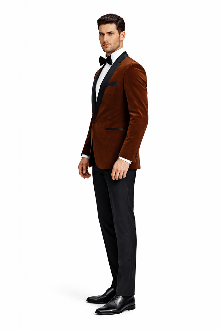 Mens Brown Velvet Tuxedo with Black Satin Shawl Lapel  One Button Formal Suit Jacket