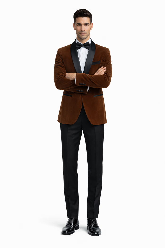 Mens Brown Velvet Tuxedo with Black Satin Shawl Lapel  One Button Formal Suit Jacket