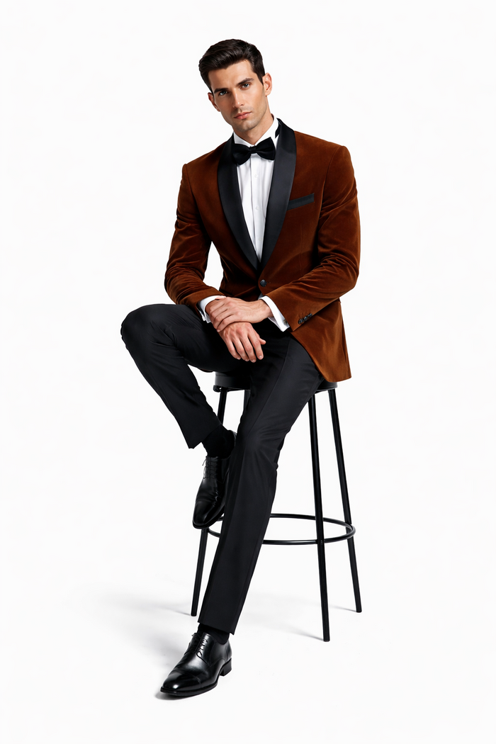 Mens Brown Velvet Tuxedo with Black Satin Shawl Lapel  One Button Formal Suit Jacket