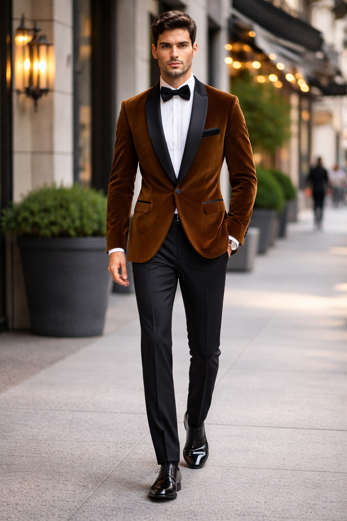 Mens Brown Velvet Tuxedo with Black Satin Shawl Lapel  One Button Formal Suit Jacket