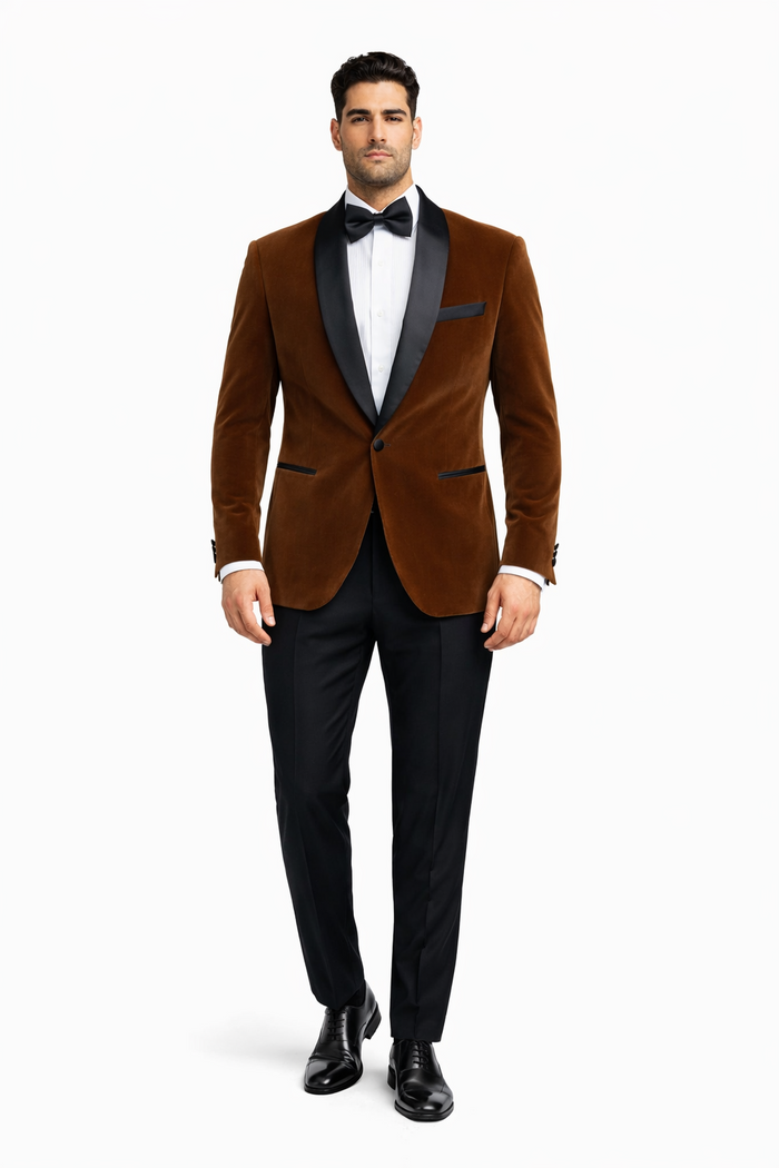 Mens Brown Velvet Tuxedo with Black Satin Shawl Lapel  One Button Formal Suit Jacket