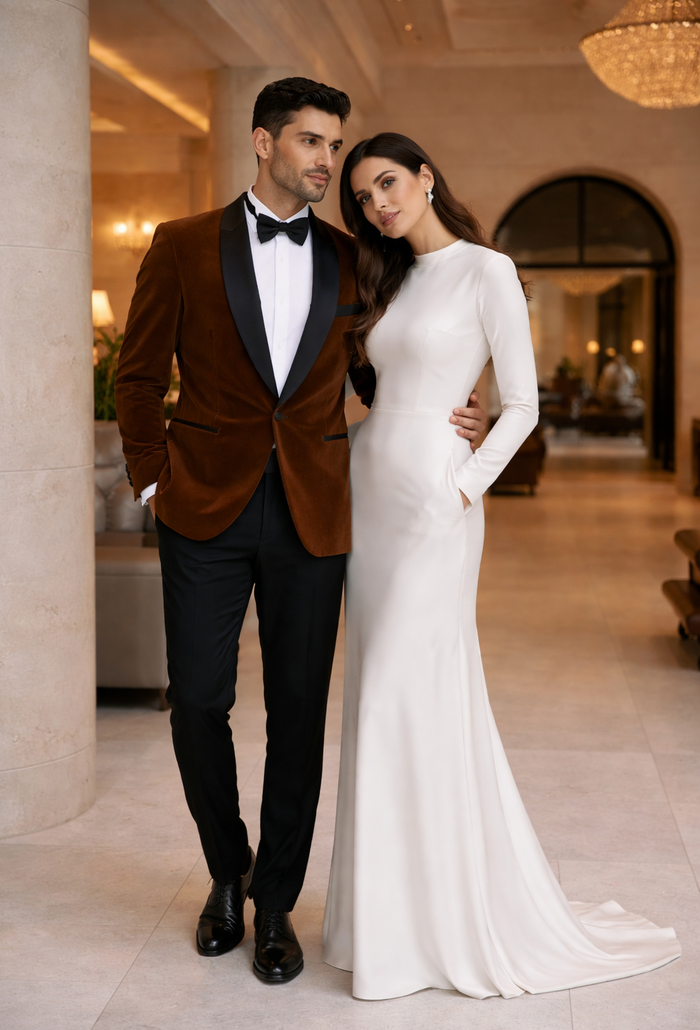 Mens Brown Velvet Tuxedo with Black Satin Shawl Lapel  One Button Formal Suit Jacket