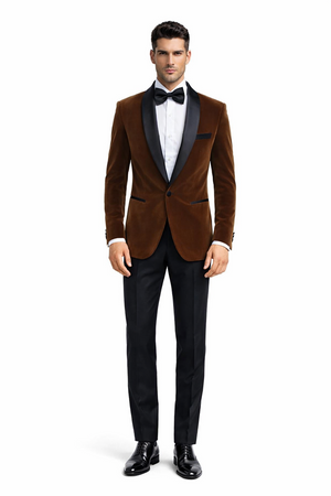 Mens Brown Velvet Tuxedo with Black Satin Shawl Lapel  One Button Formal Suit Jacket
