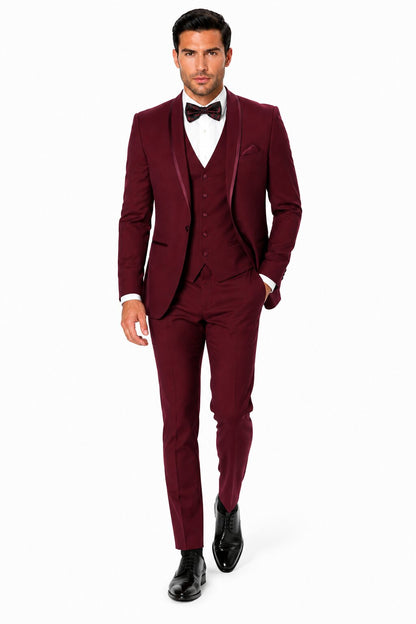 Mens One Button Satin Trim Shawl Tuxedo in Burgundy