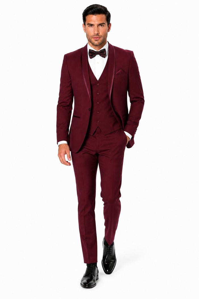 Mens One Button Satin Trim Shawl Tuxedo in Burgundy