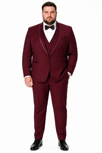 Mens One Button Satin Trim Shawl Tuxedo in Burgundy