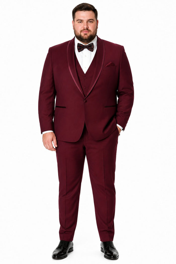 Mens One Button Satin Trim Shawl Tuxedo in Burgundy