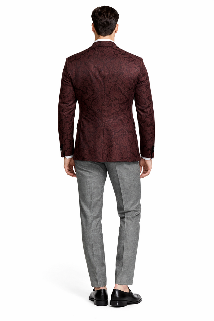 Mens Burgundy Paisley Tuxedo Blazer  Slim Fit Formal Dinner Jacket - Velvet Fabric - Slim Fitted