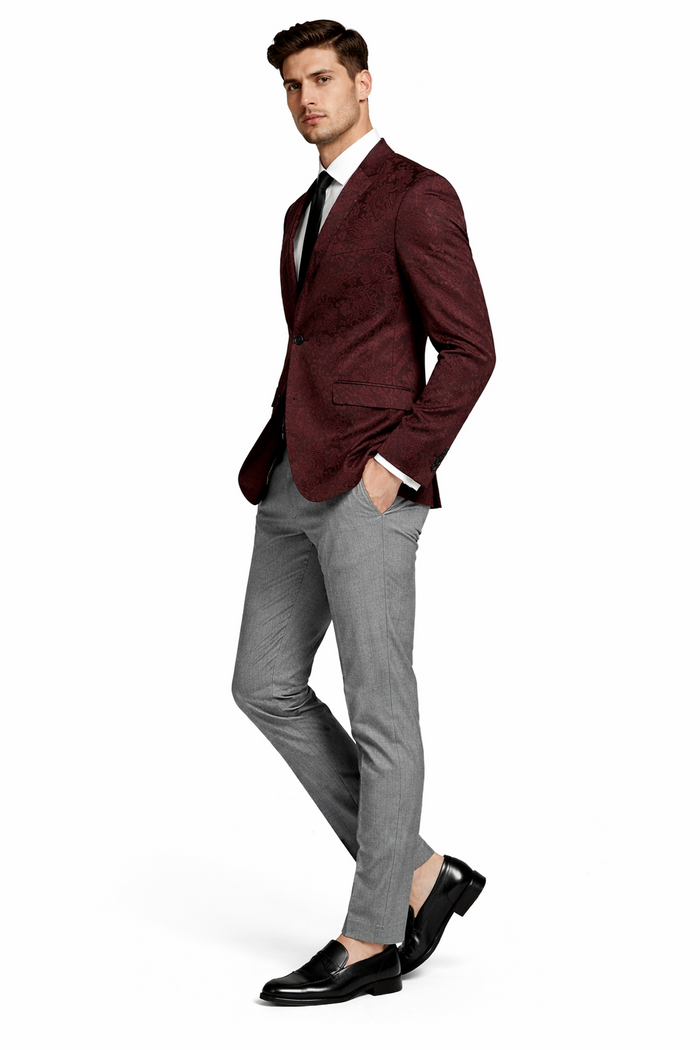 Mens Burgundy Paisley Tuxedo Blazer  Slim Fit Formal Dinner Jacket - Velvet Fabric - Slim Fitted