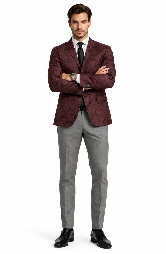 Mens Burgundy Paisley Tuxedo Blazer  Slim Fit Formal Dinner Jacket - Velvet Fabric - Slim Fitted