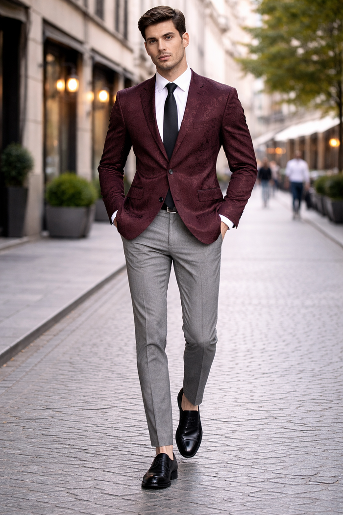 Mens Burgundy Paisley Tuxedo Blazer  Slim Fit Formal Dinner Jacket - Velvet Fabric - Slim Fitted