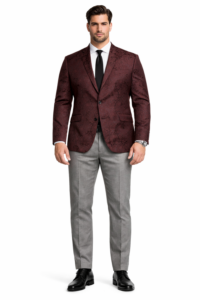 Mens Burgundy Paisley Tuxedo Blazer  Slim Fit Formal Dinner Jacket - Velvet Fabric - Slim Fitted