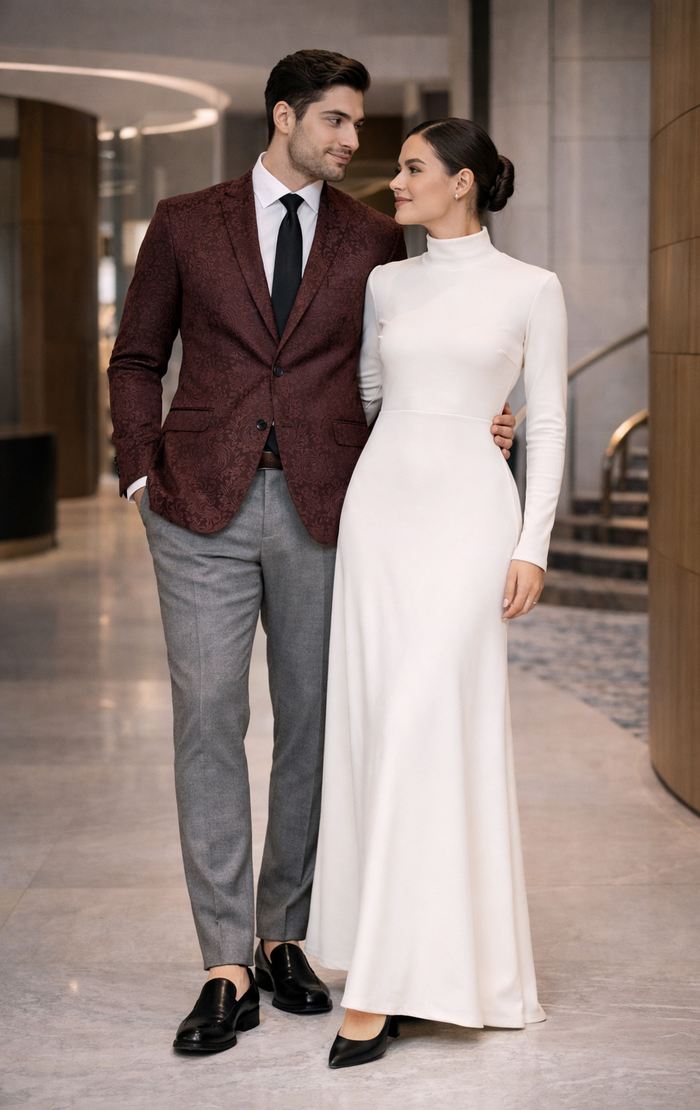 Mens Burgundy Paisley Tuxedo Blazer  Slim Fit Formal Dinner Jacket - Velvet Fabric - Slim Fitted