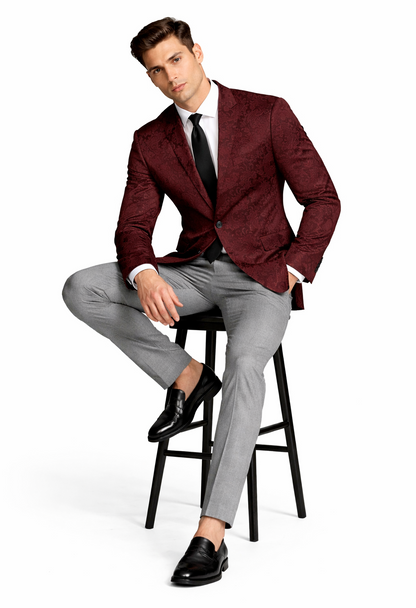 Mens Burgundy Paisley Tuxedo Blazer  Slim Fit Formal Dinner Jacket - Velvet Fabric - Slim Fitted