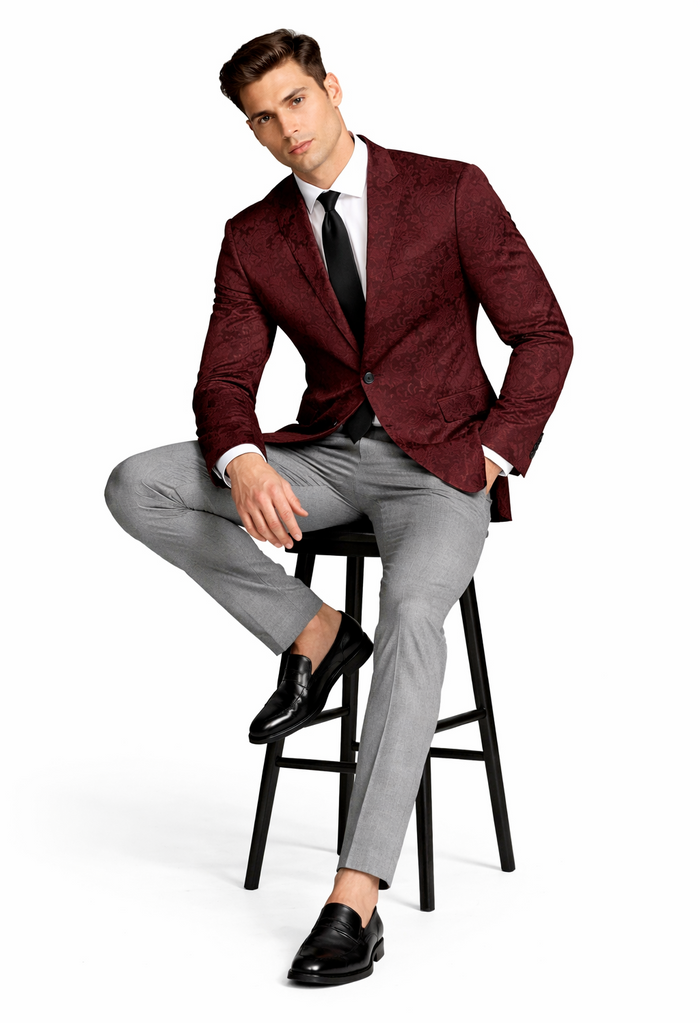 Mens Burgundy Paisley Tuxedo Blazer  Slim Fit Formal Dinner Jacket - Velvet Fabric - Slim Fitted