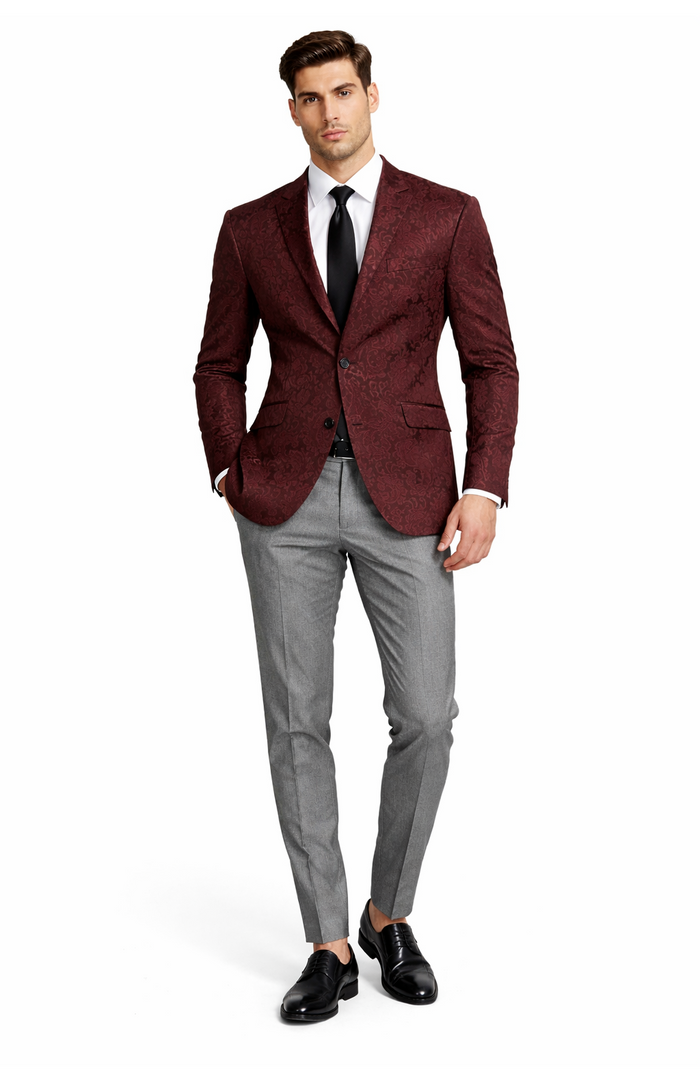 Mens Burgundy Paisley Tuxedo Blazer  Slim Fit Formal Dinner Jacket - Velvet Fabric - Slim Fitted