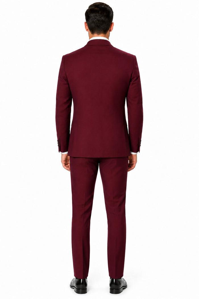 Mens One Button Satin Trim Shawl Tuxedo in Burgundy