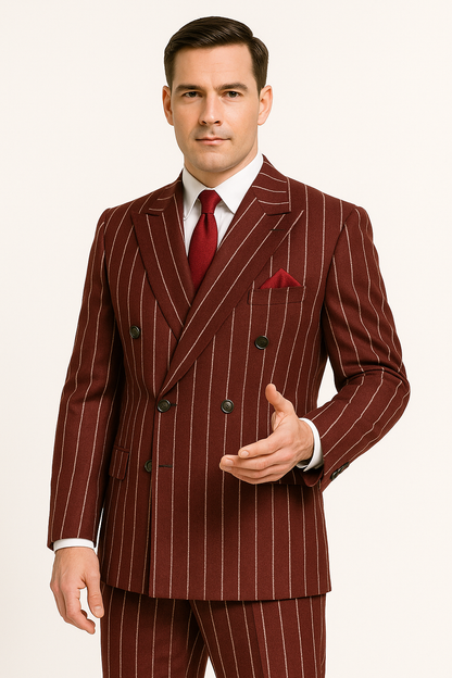Burgundy Pinstripe Suit - Mens 1920s Gangster Pinstripe Suit - Style Chalk Pinstripe